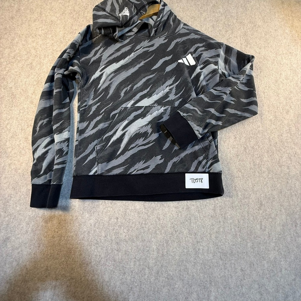 Adidas Kids Grey Black Tiger Camo Pullover Hoodie Size‎ M 10/12 Logo Sweatshirt